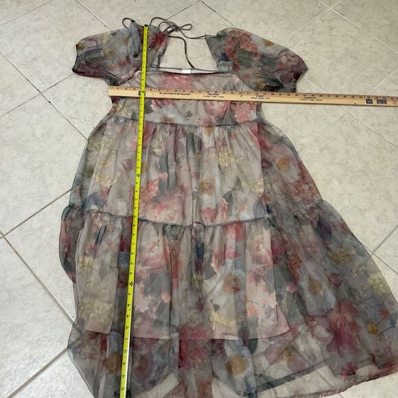 H&M  FLORAL MESH DRESS women’s size Medium Boho sq. Neck puff sleeves tiered - Picture 4 of 12